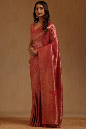 Soch Womens Fuchsia Tussar Floral Zari Woven Saree