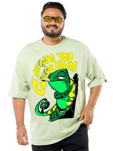 Bewakoof Men's Graphic Print Oversized Fit Half Sleeve Round Neck Cotton Plus Size T-Shirt_694232_Green_5XL