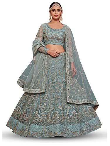 Zeel Clothing Women's Sea Blue Zari and Embroirery Work Net Semi-Stitched Lehenga Choli Material (7906-Sea-Blue-Wedding-Lehenga-Choli; Sea Blue),2 Meters