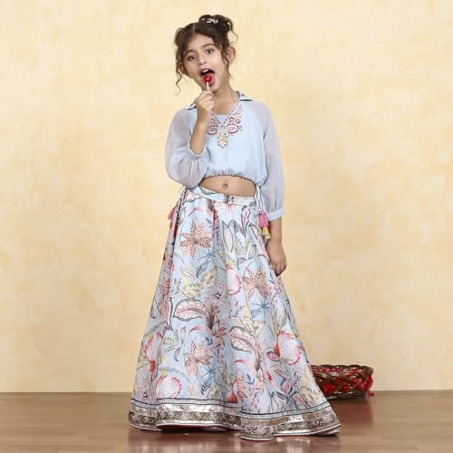 Biba Girls Blue Georgette Dyed Relaxed Lehenga Set_8-9Y