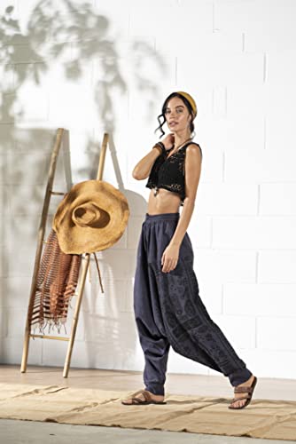 The Veshti Company Cotton Hippie Harem Pants For Women's Baggy Yoga Regular Jogger Oversized Boho Aladdin Pant, Blue - Tribal Stone, L