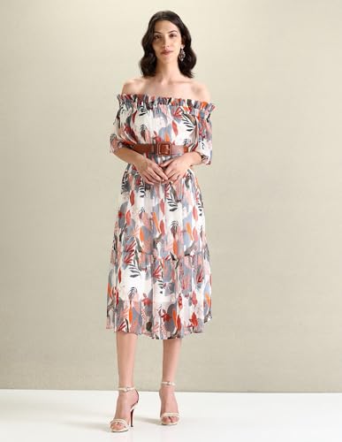U.S. POLO ASSN. Women's Polyester A-Line Midi Casual Dress (UWSS24DRS132_White, Grey and Red