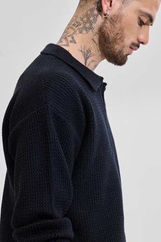 SNITCH Men's Sweater | Relaxed Fit Textured Knit Design | Viscose Blend Fabric with Polo Collar & Full Sleeves | Pullover Style for Casual & Streetwear Occasions |Black