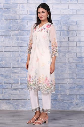 W for Woman White Floral Printed Beads Organza Straight Kurta, Straight Pant and Dupatta Set (Size: L)-WS12975-122012