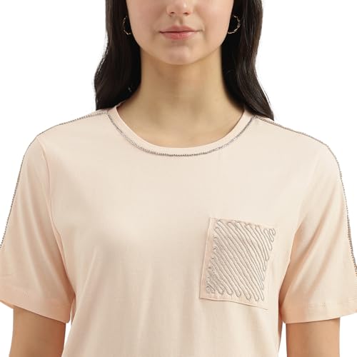 United Colors of Benetton Round Neck Embellished T-Shirt (Size: L)-25P3099W3F09IP13 Cream