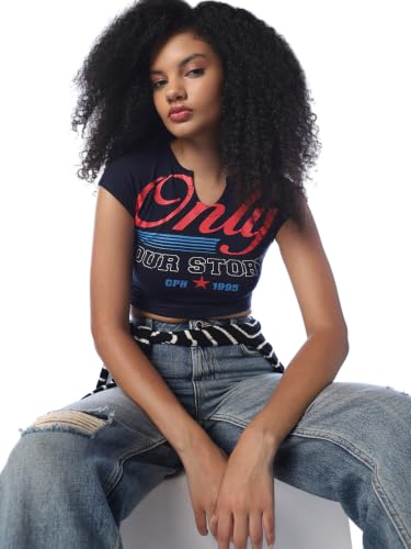 ONLY Women's Typographic Slim Fit Navy Blue T-Shirt