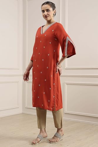 Biba Women Orange Viscose Rayon Straight Solid Kurta_40