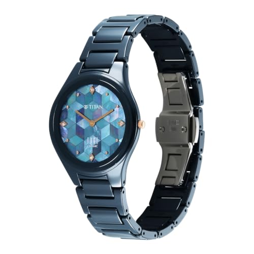 Titan Edge Tessel Quartz Analog 2Hands Display Mother of Pearl Marquetry Studded Indices Dial Atlantic Blue Ceramic Strap Watch for Women - 2653KC13