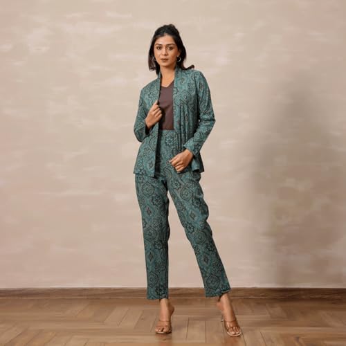 VIVIKA Cotton Blazer Co-ord Set for Women | 3 Piece Formal Outfit with Blazer Top Pants | Stylish Western Clothing Set for Office Party and Smart Wear_Pastel Blue_M