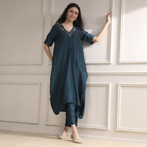 Biba Women's Viscose Blend Kurta Set (STNCL30037AW25TEL_Teal Blue