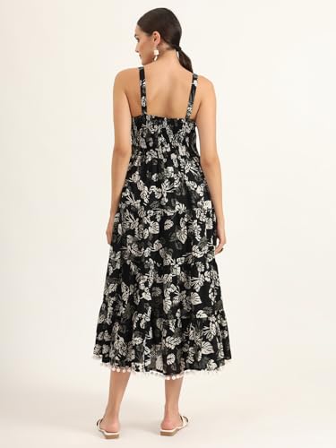 Divena Black Floral Print Pure Cotton Fit & Flare Dress