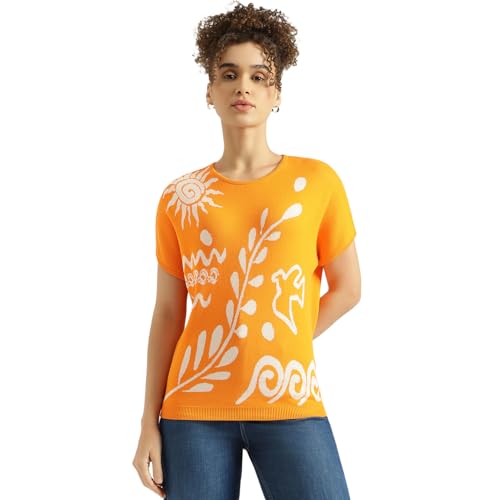 United Colors of Benetton Round Neck Textured Top (Size: M) - 26P1039W1267I0F4 Orange
