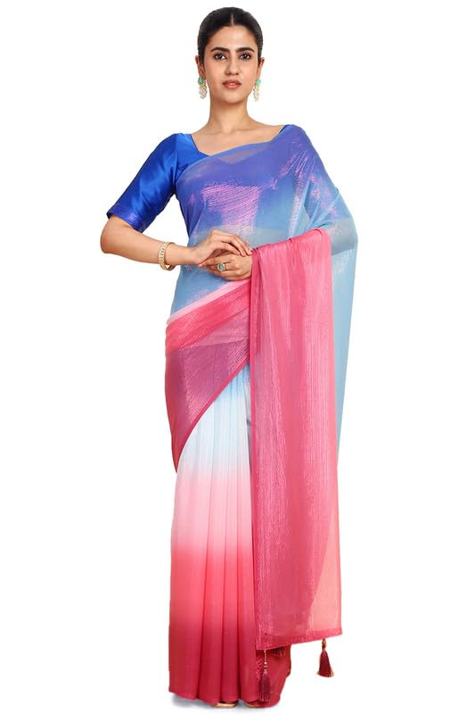 Soch Womens Blue Chiffon Ombre Print Saree With Tassels