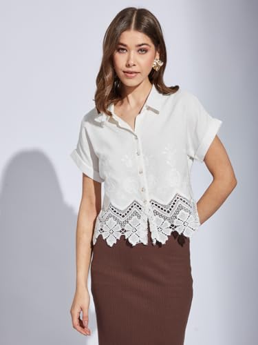 Latin Quarters Women White Collar Neck Half Sleeve Printed Shirt Blouse_L
