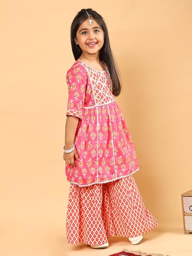 superminis Baby Girls Cotton Sanganeri Printed Frock Style Kurti With Printed Sharara Dress (6-12 Months, Light Pink)