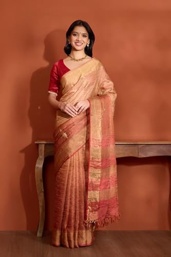 Taneira Women Dark Orange Pure Silk Tissue Embroidered Saree with Unstitched Blouse Piece (SHH08H00120-Dark Orange)