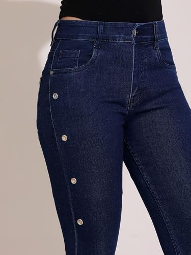 Dolce Crudo Women's Skinny Fit Mid Rise Cropped Length Eyelet Detailing Denim Stretchable Jeans (DOSS21DEN99-37-198-30, Dusty Blue, 30)