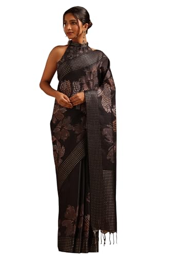 Soch Womens Black Tussar Floral Saree With Zari Woven