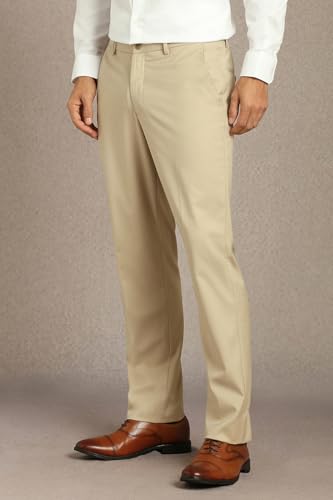 Men Beige Solid Flat Front Formal Trousers