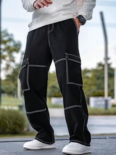 URBAN POCKETS Jeans for Men | Denim Cargo Pants with Baggy Fit Utility Pockets & Streetwear Stitch Design (Black-Cargo-U01-32)