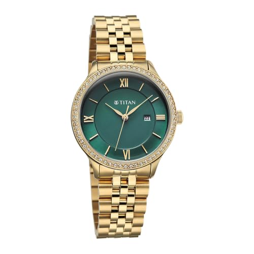 Titan Purple Prestige Quartz 3 Hands + Date Round Green Dial, Gold Stainless Steel Strap Watch for Women - 95247YM01