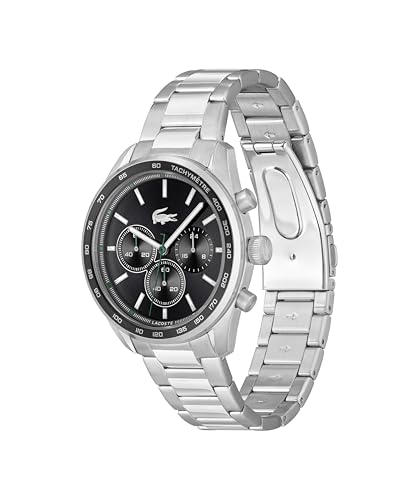 Lacoste Boston Qtz Fashion Chrono Black Round Dial Men's Watch|Stainless Steel Material|Silver Color Band - 2011347