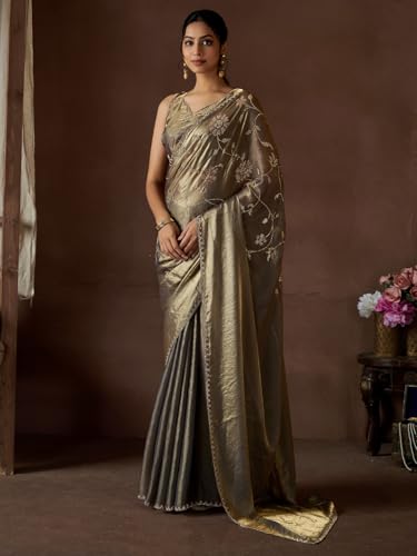SAREE MALL Women's Gold Pure Silk Embellished Saree With Unstitched Blouse (MAHEK767D_MK)