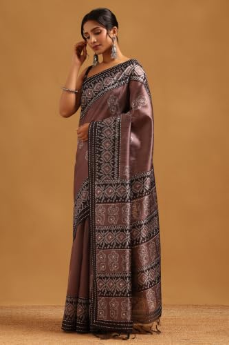 Soch Womens Earth Tussar Kantha Embroidered Saree With Faux Mirror