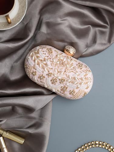 THE TAN CLAN Elizah Zarozi Hand Embroidered Clutches for Women Purses Luxury Evening Handbags for Ladies, Pink