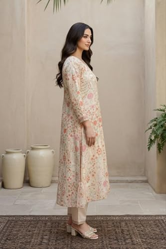 W for Woman Cream Floral Printed Tissue A Line Kurta with Straight Pant and Dupatta Set - (WS13090-126486-XS)