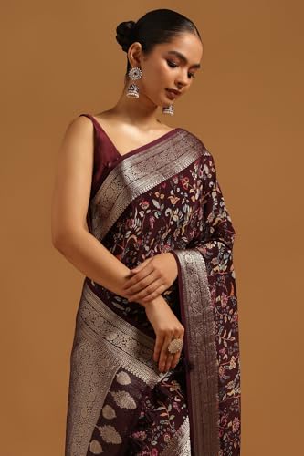 Soch Womens Wine Silk Botanical Saree With Zari Woven