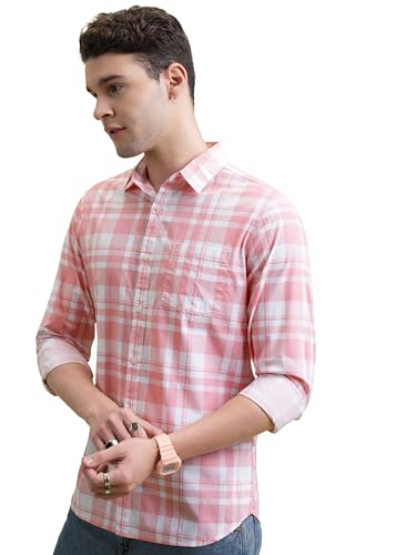 Highlander Men Cotton Slim Fit Shirt (PHSH000014_LT Pink/White L)