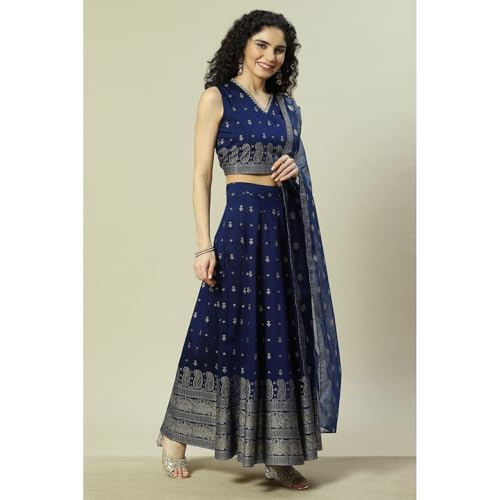 Rangriti Women Indigo Cotton Blend Woven Straight Lehenga Choli Set_42