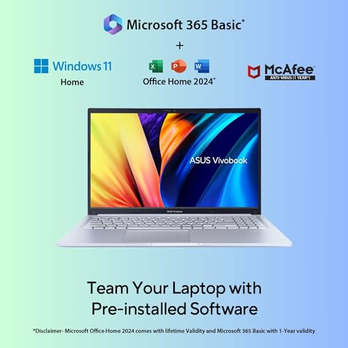 ASUS Vivobook 15, Intel Core i7 13th Gen 13620H, 16GB RAM, 512GB SSD, FHD 15.6", Windows 11, Office Home 2024, Cool Silver, 1.70kg, X1502VA-BQ837WS, Intel UHD iGPU, M365 Basic (1Year)* Laptop