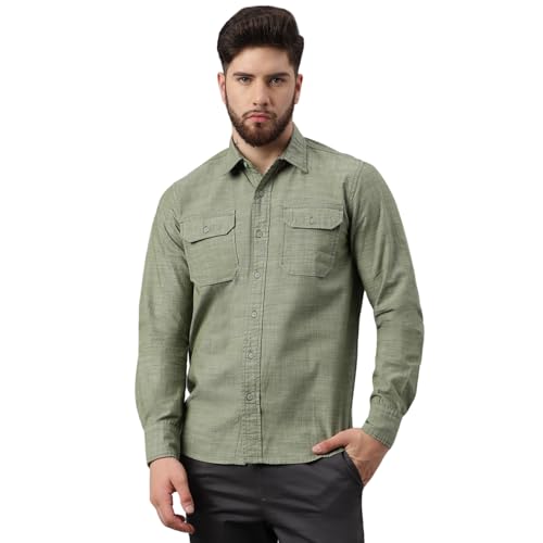 Woodland Men Cotton Solid Regular Fit Long Sleeves Shirts (Olive, S)
