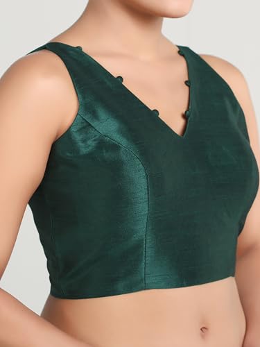 Madhu Fashion Women's Sleeveless Solid Pattern V Neck Readymade Saree Blouse (Bottle Green, 32)