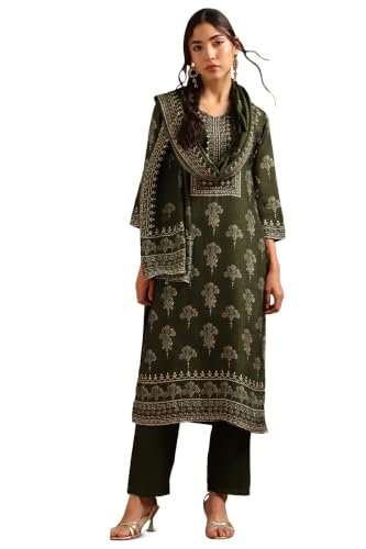 Soch Womens Green Dola Silk Botanical Printed Salwar Suit With Beads And Stones