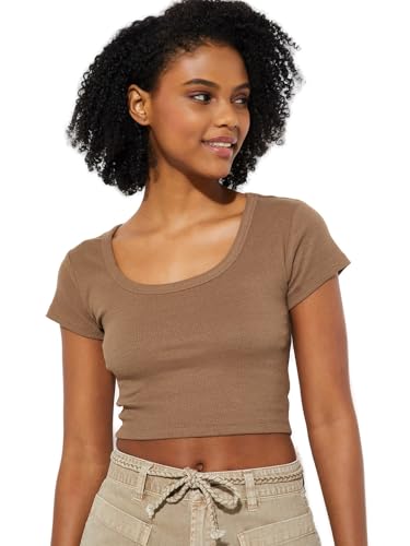 Max URB_N Women Ribbed Crop T-Shirt (Brown_XS)
