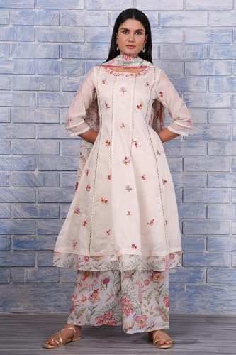 W for Woman White Embroidered Printed Chanderi Flared Kurta, Palazzo and Dupatta Set (Size: M)-WS12936-223833