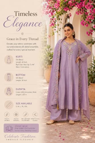Women's Embroidered Silk Blend Kurta With Palazzo And Dupatta