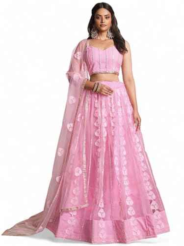 Zeel Clothing Women's Thread Sequins Work Embroidery Soft Net Lehenga Choli with Dupatta (NFH-2208-Pink-Women-Lehenga-Choli-Latest; Free Size)