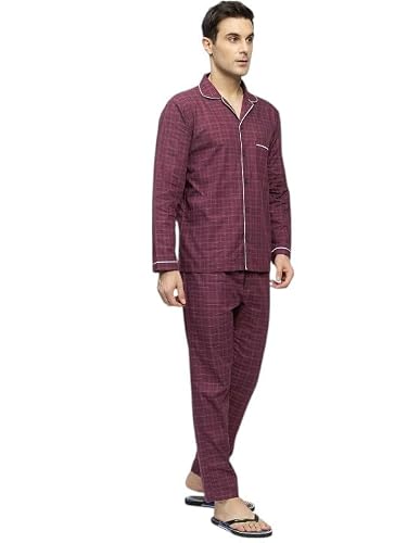 Hancock Men Cotton Checked Night Suit Burgundy Size L