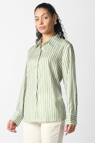 Women Green Stripe Long Sleeves Formal Shirt