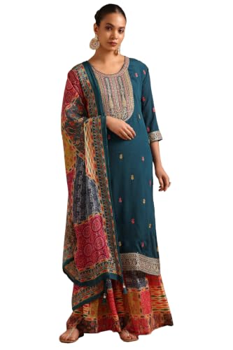 Soch Womens Teal Viscose Blend Ethnic Motifs Zari Embroidered Salwar Suit With Sequin