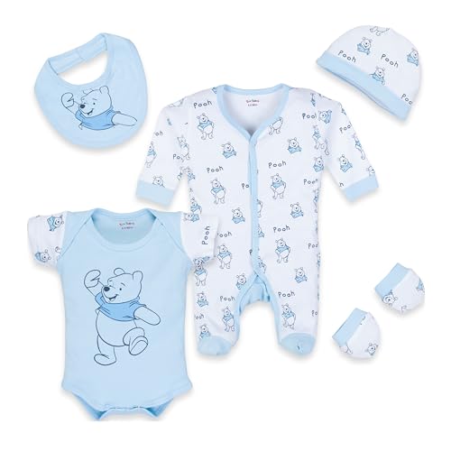 Torn Nation Newborn Baby Romper Set – 100% Cotton, 0-6 Months, 6-12 Months | 5-Piece Set with Full-Sleeve & Half-Sleeve Rompers, Bib, Gloves, Cap (blue pooh, 0-6 Months)