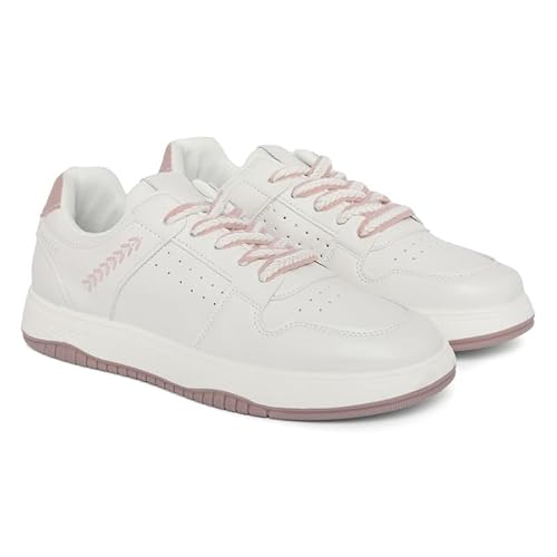 ROSEMEAD Women Casual Sneaker Shoes |Stylish and Comfortable Lace-Up Style Soft Cushioned Insole, Slip-Resistance (White-Peach) White-Peach_UK- 3