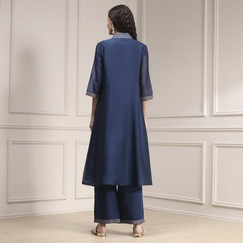 Biba Women Blue Chanderi Gathered Dyed Kurta Set_42