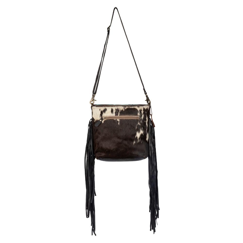 Myra Bag Aqua Hand-Tooled Bag Upcycled Cotton & Cowhide Leather S-2856