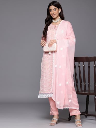Varanga Women Peach Round Neck Chikankari Straight Kurta With Bottom And Dupatta