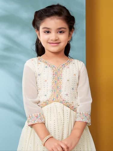Aarika Girls Ethnic Wear Cream Colour Thread Sequin Embroidery Georgette Kurti Sharara Set (5-11 Years)